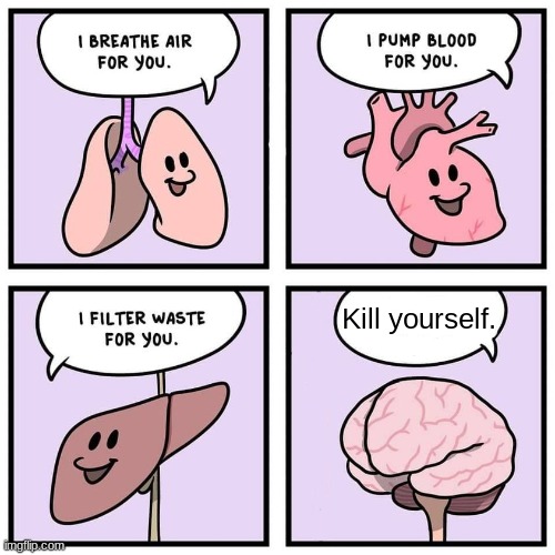 organs and brain | Kill yourself. | image tagged in organs and brain | made w/ Imgflip meme maker