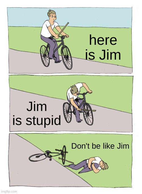 Bike Fall | here is Jim; Jim is stupid; Don't be like Jim | image tagged in memes,bike fall | made w/ Imgflip meme maker