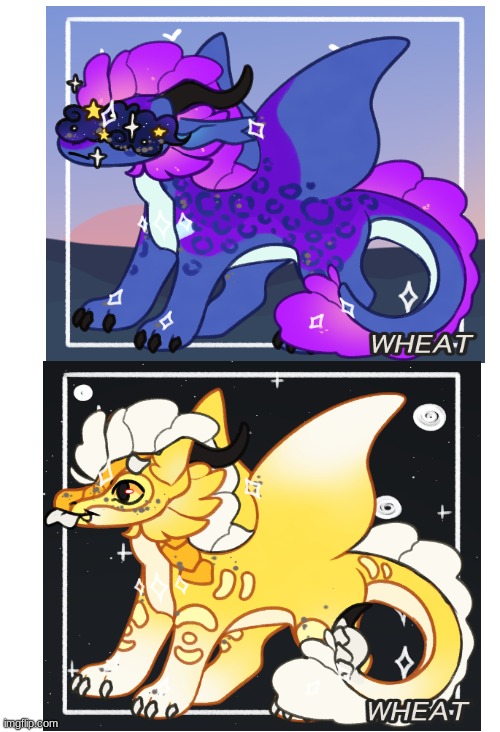 (Not my art, picrew) I was bored and wanted to make dragon ocs. They names r Nightshift (Up) and Sunflower (Down) | image tagged in dragons | made w/ Imgflip meme maker