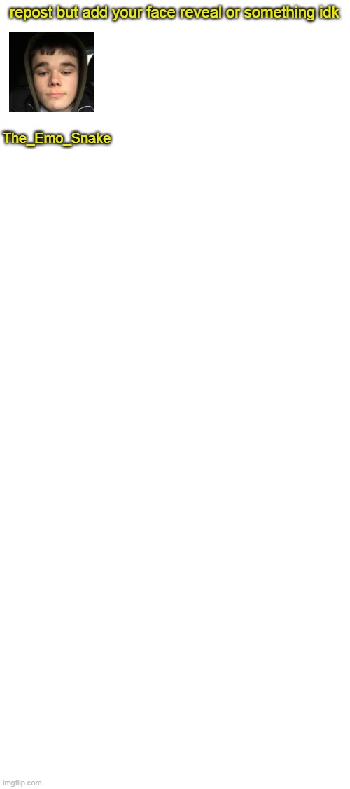 repost but add your face reveal or something idk; The_Emo_Snake | image tagged in blank white template | made w/ Imgflip meme maker