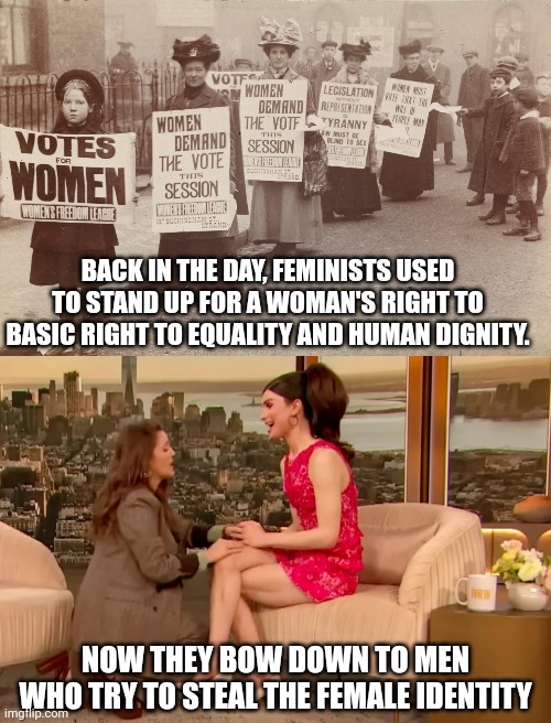 No self-respecting feminist would let a man steal the female identity |  BACK IN THE DAY, FEMINISTS USED TO STAND UP FOR A WOMAN'S RIGHT TO BASIC RIGHT TO EQUALITY AND HUMAN DIGNITY. NOW THEY BOW DOWN TO MEN WHO TRY TO STEAL THE FEMALE IDENTITY | image tagged in feminism,tired of hearing about transgenders,liberal logic,stupid liberals,dylan mulvany | made w/ Imgflip meme maker