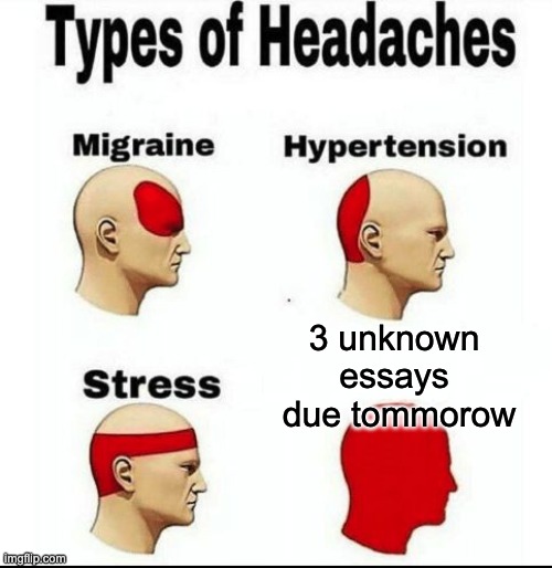 Types of Headaches meme | 3 unknown 
essays 
due tommorow | image tagged in types of headaches meme | made w/ Imgflip meme maker