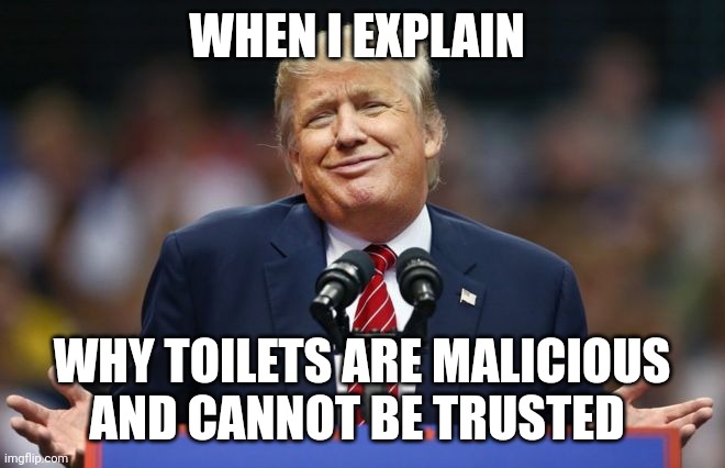 No matter what, I'll never trust toilets | WHEN I EXPLAIN; WHY TOILETS ARE MALICIOUS AND CANNOT BE TRUSTED | image tagged in constipated trump | made w/ Imgflip meme maker