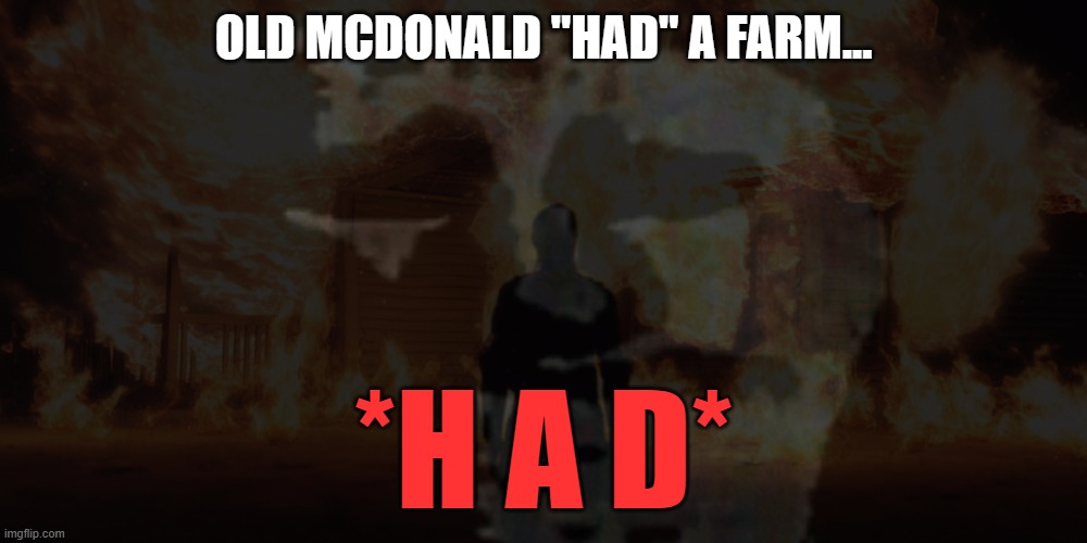 Biggest realization moment X_X |  OLD MCDONALD "HAD" A FARM... *H A D* | image tagged in farm,fire,old mcdonald | made w/ Imgflip meme maker