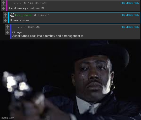 image tagged in shooting while crying | made w/ Imgflip meme maker