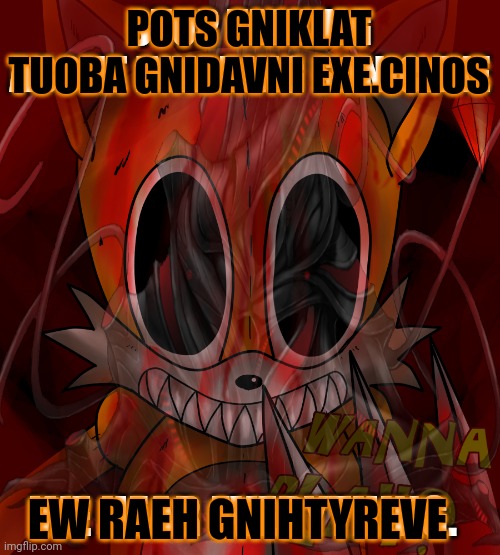 Wait. You can't post here! | POTS GNIKLAT TUOBA GNIDAVNI EXE.CINOS; STOP TALKING ABOUT INVADING SONIC.EXE; WE HEAR EVERYTHING. EW RAEH GNIHTYREVE | image tagged in go away,tail dot exe is not allowed,stop it get some help | made w/ Imgflip meme maker