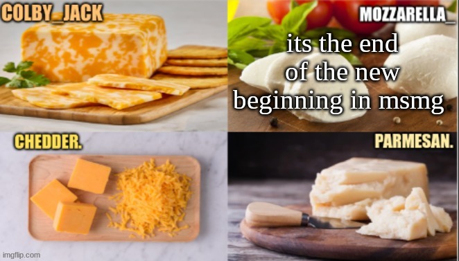 cheese | its the end of the new beginning in msmg | image tagged in cheese | made w/ Imgflip meme maker