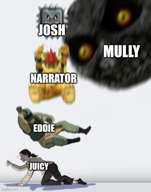hmm | JOSH; MULLY; NARRATOR; EDDIE; JUICY | image tagged in crushing combo | made w/ Imgflip meme maker