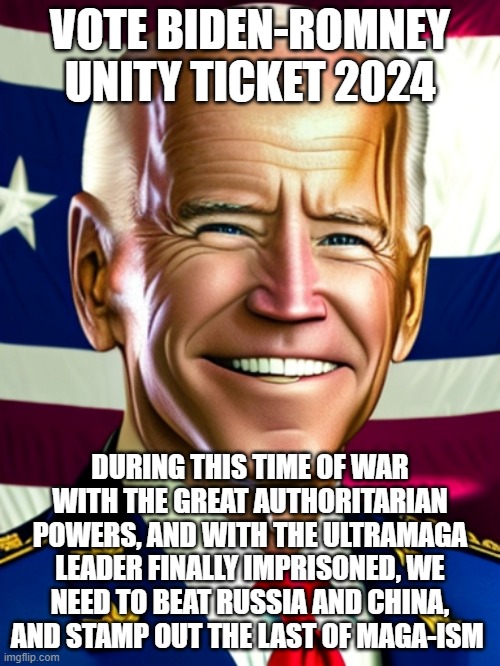 VOTE BIDEN-ROMNEY UNITY TICKET 2024; DURING THIS TIME OF WAR WITH THE GREAT AUTHORITARIAN POWERS, AND WITH THE ULTRAMAGA LEADER FINALLY IMPRISONED, WE NEED TO BEAT RUSSIA AND CHINA, AND STAMP OUT THE LAST OF MAGA-ISM | image tagged in memes | made w/ Imgflip meme maker