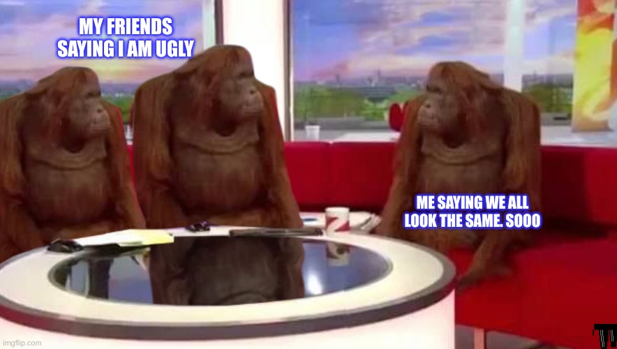 dunb friends | MY FRIENDS SAYING I AM UGLY; ME SAYING WE ALL LOOK THE SAME. SOOO | image tagged in where monkey | made w/ Imgflip meme maker