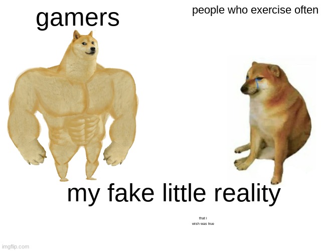 don't zoom in | gamers; people who exercise often; my fake little reality; that i wish was true | image tagged in memes,buff doge vs cheems | made w/ Imgflip meme maker