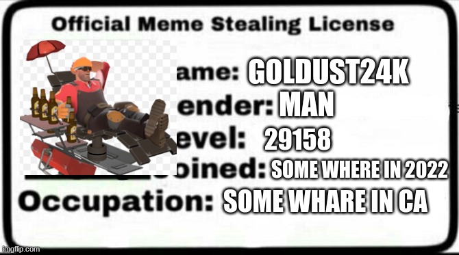 Meme Stealing License | GOLDUST24K MAN 29158 SOME WHERE IN 2022 SOME WHARE IN CA | image tagged in meme stealing license | made w/ Imgflip meme maker