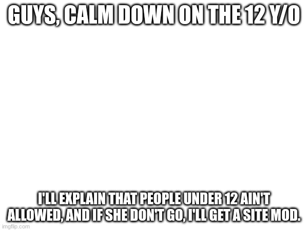 GUYS, CALM DOWN ON THE 12 Y/O; I'LL EXPLAIN THAT PEOPLE UNDER 12 AIN'T ALLOWED, AND IF SHE DON'T GO, I'LL GET A SITE MOD. | made w/ Imgflip meme maker