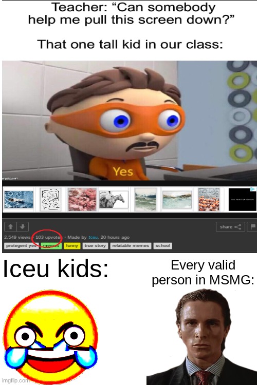 Like bro how the hell did this get 103 upvotes? | Every valid person in MSMG:; Iceu kids: | made w/ Imgflip meme maker