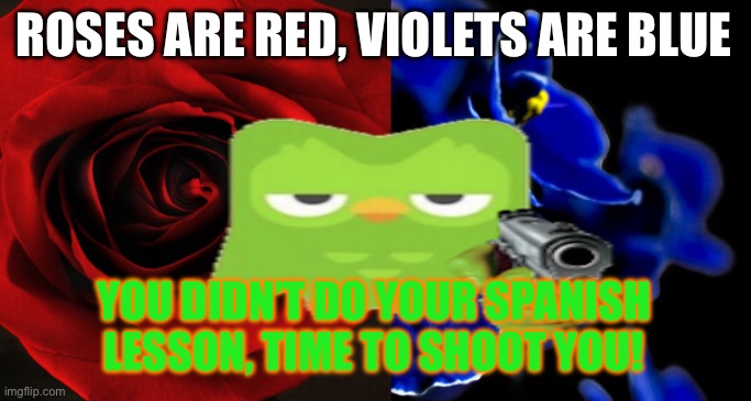 roses are red | ROSES ARE RED, VIOLETS ARE BLUE; YOU DIDN’T DO YOUR SPANISH LESSON, TIME TO SHOOT YOU! | image tagged in violets are blue | made w/ Imgflip meme maker