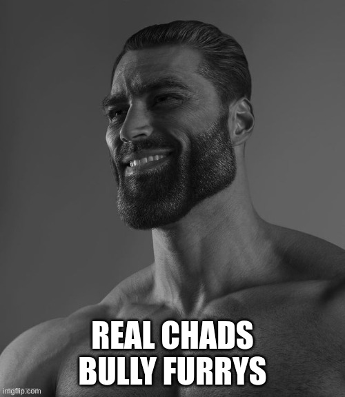 anti furry meme | REAL CHADS BULLY FURRYS | image tagged in giga chad | made w/ Imgflip meme maker