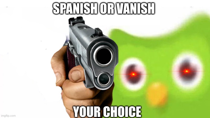 duolingo gun | SPANISH OR VANISH; YOUR CHOICE | image tagged in duolingo gun | made w/ Imgflip meme maker