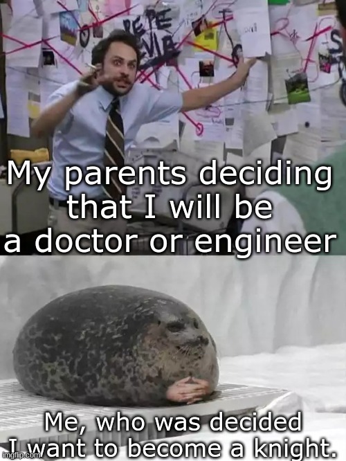 hehe | My parents deciding that I will be a doctor or engineer; Me, who was decided I want to become a knight. | image tagged in man explaining to seal | made w/ Imgflip meme maker