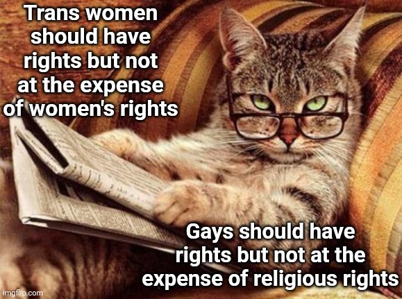 Wise Kitteh Sez... | Trans women should have rights but not at the expense of women's rights; Gays should have rights but not at the expense of religious rights | image tagged in philosophy cat,transgender,religion,womens rights | made w/ Imgflip meme maker