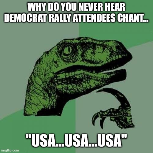 Maybe s/he they just aren't that into "U"...SA | WHY DO YOU NEVER HEAR DEMOCRAT RALLY ATTENDEES CHANT... "USA...USA...USA" | image tagged in memes,philosoraptor | made w/ Imgflip meme maker