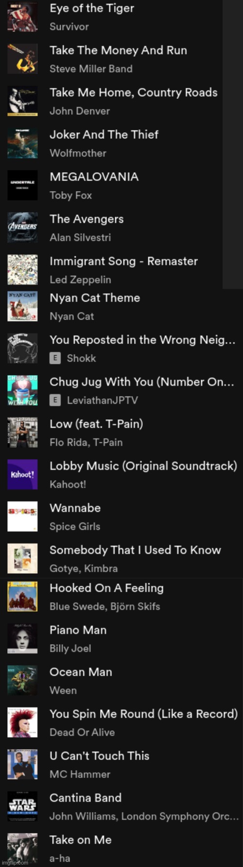 Playlist reveal part 2 (These are the older songs, most of which I don't like that much anymore, except Piano Man) | made w/ Imgflip meme maker