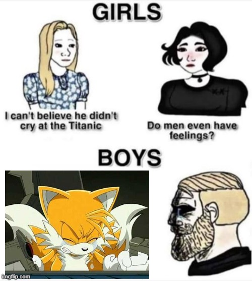 For those who don't know. tails is crying cuz cosmo wants him to kill her, even if they passed to good momment sad :/ | image tagged in do men even have feelings | made w/ Imgflip meme maker