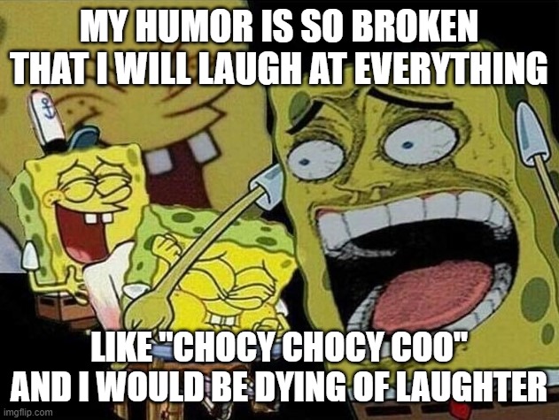 the internet ruined my humor? | MY HUMOR IS SO BROKEN THAT I WILL LAUGH AT EVERYTHING; LIKE "CHOCY CHOCY COO" AND I WOULD BE DYING OF LAUGHTER | image tagged in spongebob laughing hysterically | made w/ Imgflip meme maker