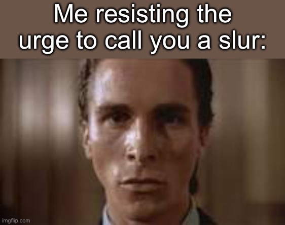Patrick Bateman staring | Me resisting the urge to call you a slur: | image tagged in patrick bateman staring | made w/ Imgflip meme maker