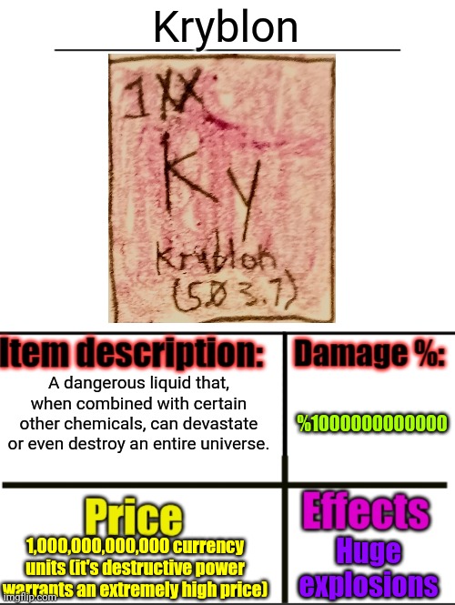 Kryblon |  Kryblon; A dangerous liquid that, when combined with certain other chemicals, can devastate or even destroy an entire universe. %1000000000000; 1,000,000,000,000 currency units (it's destructive power warrants an extremely high price); Huge explosions | image tagged in item-shop extended | made w/ Imgflip meme maker