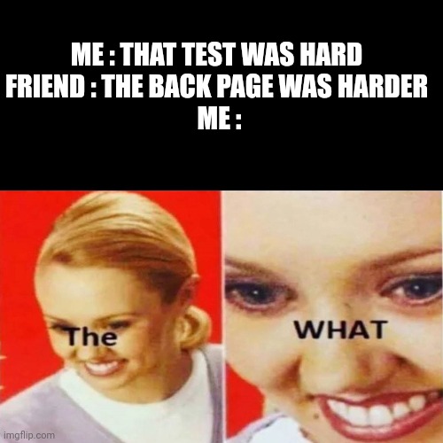 The What | ME : THAT TEST WAS HARD 
FRIEND : THE BACK PAGE WAS HARDER 
ME : | image tagged in the what | made w/ Imgflip meme maker