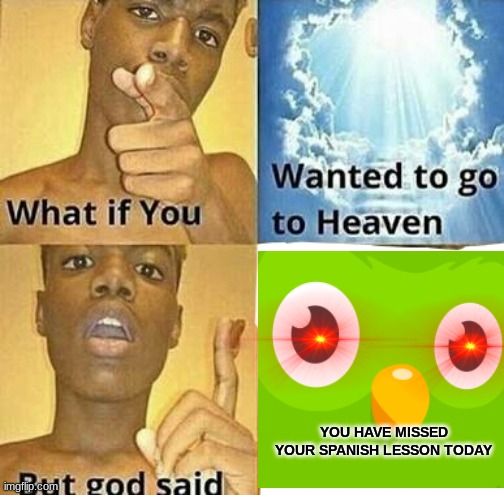 What if you wanted to go to Heaven | YOU HAVE MISSED YOUR SPANISH LESSON TODAY | image tagged in what if you wanted to go to heaven | made w/ Imgflip meme maker