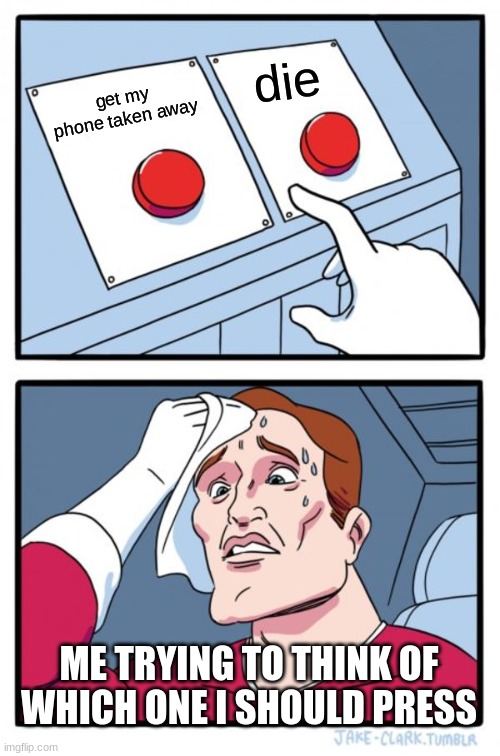 They are like the same thing! | die; get my phone taken away; ME TRYING TO THINK OF WHICH ONE I SHOULD PRESS | image tagged in memes,two buttons | made w/ Imgflip meme maker