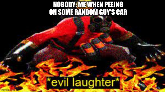 Peeing on some dude's car be like: | NOBODY: ME WHEN PEEING ON SOME RANDOM GUY'S CAR | image tagged in evil laughter | made w/ Imgflip meme maker