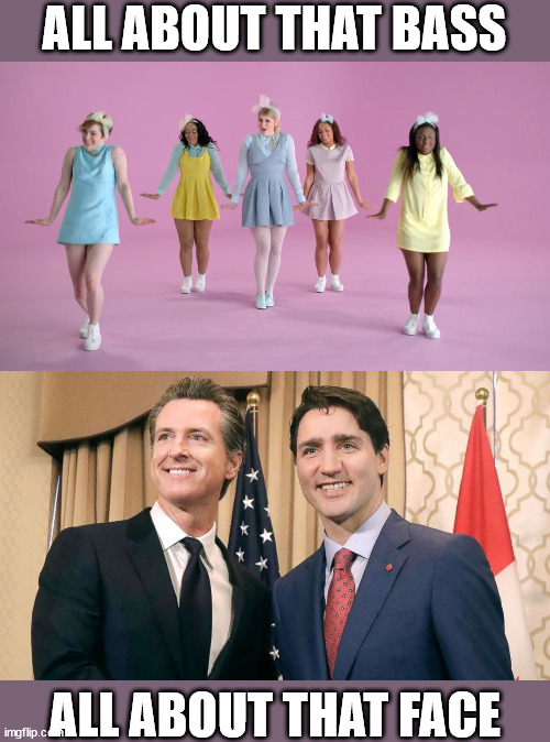 ALL ABOUT THAT BASS; ALL ABOUT THAT FACE | image tagged in justin trudeau,galvin newsom,newsom,canada,california | made w/ Imgflip meme maker