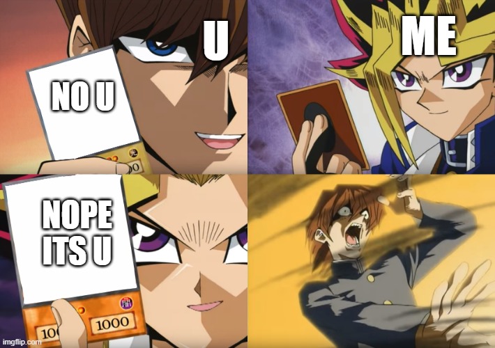 Yu-Gi-Oh Exodia | U; ME; NO U; NOPE ITS U | image tagged in yu-gi-oh exodia | made w/ Imgflip meme maker