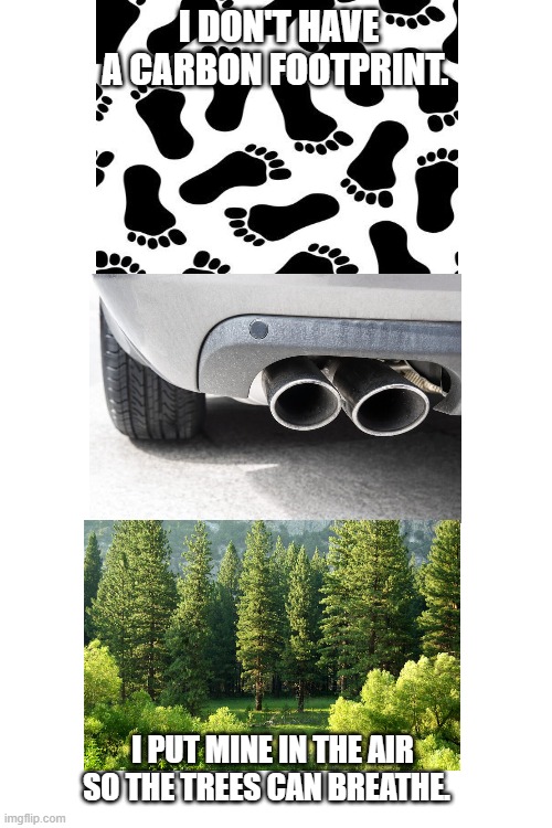 Carbon Footprint | I DON'T HAVE A CARBON FOOTPRINT. I PUT MINE IN THE AIR SO THE TREES CAN BREATHE. | image tagged in memes,footprint | made w/ Imgflip meme maker