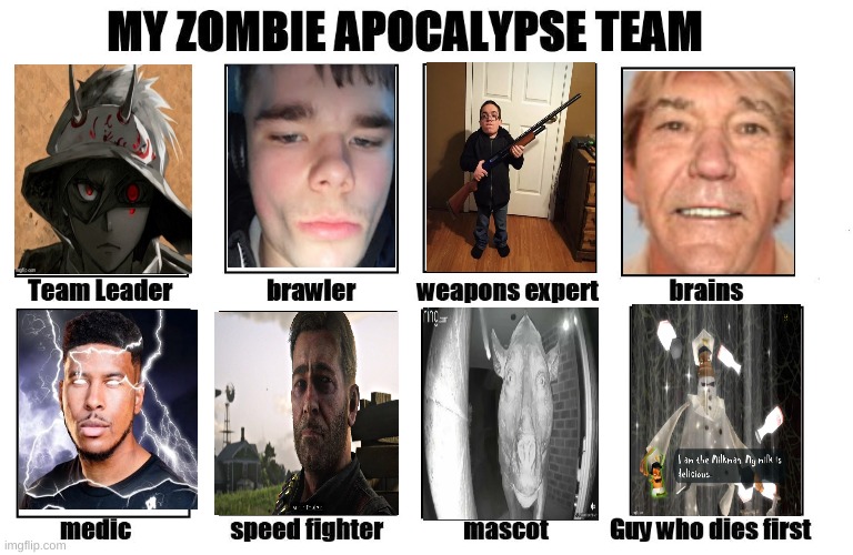 I just used random images I had saved in my files | image tagged in my zombie apocalypse team | made w/ Imgflip meme maker
