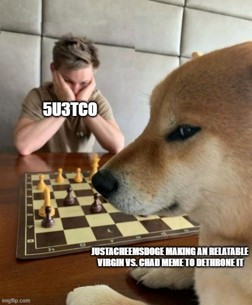 Maybe my memes were better than 5u3tco tbh... | 5U3TCO; JUSTACHEEMSDOGE MAKING AN RELATABLE
 VIRGIN VS. CHAD MEME TO DETHRONE IT | image tagged in cheems play chess,imgflip,memes,justacheemsdoge | made w/ Imgflip meme maker