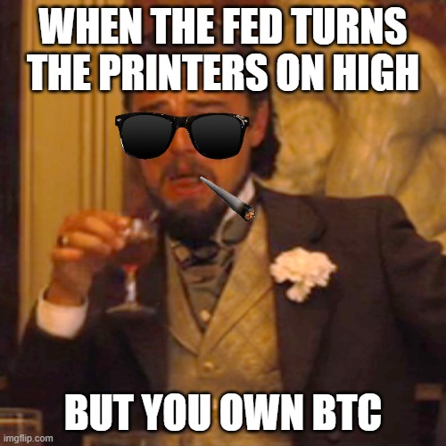 Laughing Leo Meme | WHEN THE FED TURNS THE PRINTERS ON HIGH; BUT YOU OWN BTC | image tagged in memes,laughing leo,bitcoin,btc,money,gov | made w/ Imgflip meme maker