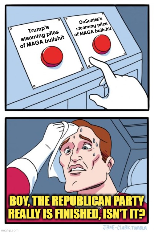 Some choice, huh? | DeSantis's
steaming piles of MAGA bullshit; Trump's 
steaming piles 
of MAGA bullshit; BOY, THE REPUBLICAN PARTY REALLY IS FINISHED, ISN'T IT? | image tagged in memes,two buttons | made w/ Imgflip meme maker