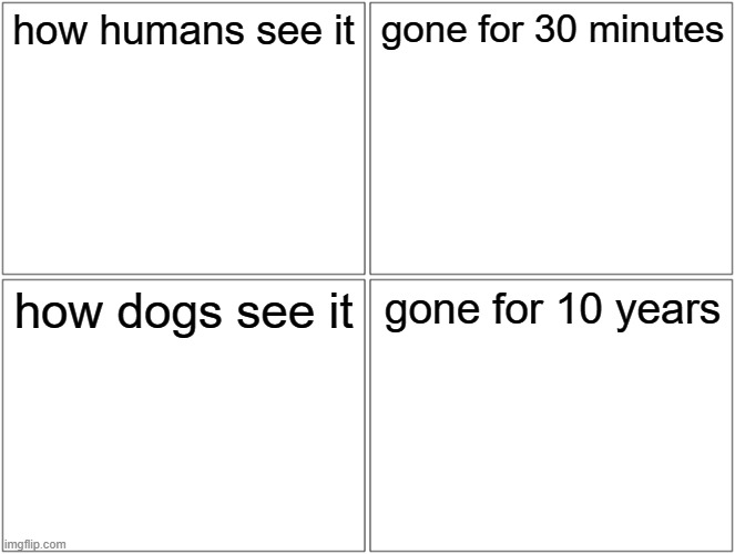 Blank Comic Panel 2x2 Meme | how humans see it; gone for 30 minutes; how dogs see it; gone for 10 years | image tagged in memes,blank comic panel 2x2 | made w/ Imgflip meme maker