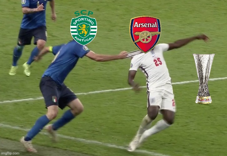 Arsenal 1 Sporting 1 (3-5 on penalties) | image tagged in chiellini sako,arsenal,sporting,europa league,futbol,memes | made w/ Imgflip meme maker