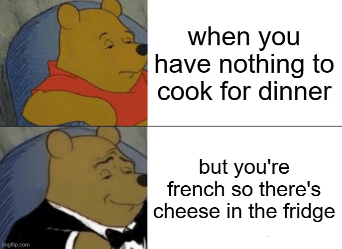 Cheese | when you have nothing to cook for dinner; but you're french so there's cheese in the fridge | image tagged in memes,tuxedo winnie the pooh,french,cheese | made w/ Imgflip meme maker