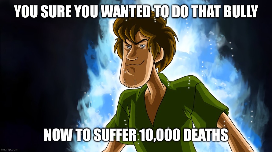 YOU SURE YOU WANTED TO DO THAT BULLY NOW TO SUFFER 10,000 DEATHS | image tagged in ultra instinct shaggy | made w/ Imgflip meme maker