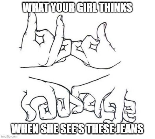 bulge | WHAT YOUR GIRL THINKS; WHEN SHE SEE'S THESE JEANS | image tagged in gang bang,signs,energy | made w/ Imgflip meme maker