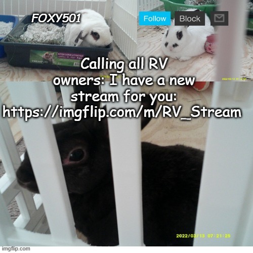 Foxy501 announcement template | Calling all RV owners: I have a new stream for you: https://imgflip.com/m/RV_Stream | image tagged in foxy501 announcement template,rv,streams | made w/ Imgflip meme maker