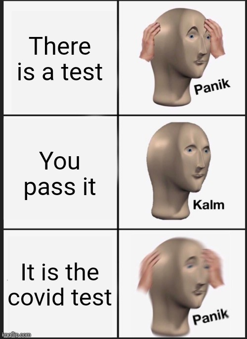 Panik Kalm Panik | There is a test; You pass it; It is the covid test | image tagged in memes,panik kalm panik | made w/ Imgflip meme maker