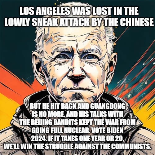 LOS ANGELES WAS LOST IN THE LOWLY SNEAK ATTACK BY THE CHINESE; BUT HE HIT BACK AND GUANGDONG IS NO MORE. AND HIS TALKS WITH THE BEIJING BANDITS KEPT THE WAR FROM GOING FULL NUCLEAR. VOTE BIDEN 2024. IF IT TAKES ONE YEAR OR 20, WE'LL WIN THE STRUGGLE AGAINST THE COMMUNISTS. | image tagged in memes | made w/ Imgflip meme maker