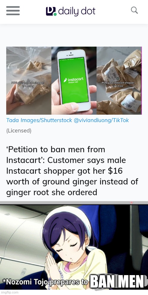 Instacart is now sexist. | BAN MEN | image tagged in yandere nozomi,sexist,instacart | made w/ Imgflip meme maker