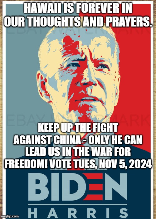 HAWAII IS FOREVER IN OUR THOUGHTS AND PRAYERS. KEEP UP THE FIGHT AGAINST CHINA - ONLY HE CAN LEAD US IN THE WAR FOR FREEDOM! VOTE TUES, NOV 5, 2024 | image tagged in memes | made w/ Imgflip meme maker